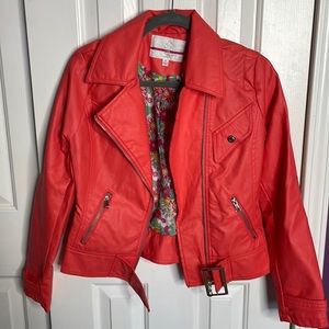 Dollhouse coral / salmon vegan leather jacket.